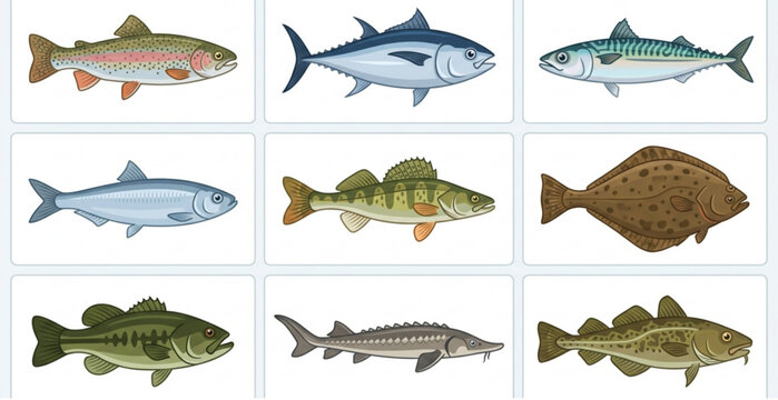 Cartoon Edible Fish Collection Vector Illustration Set