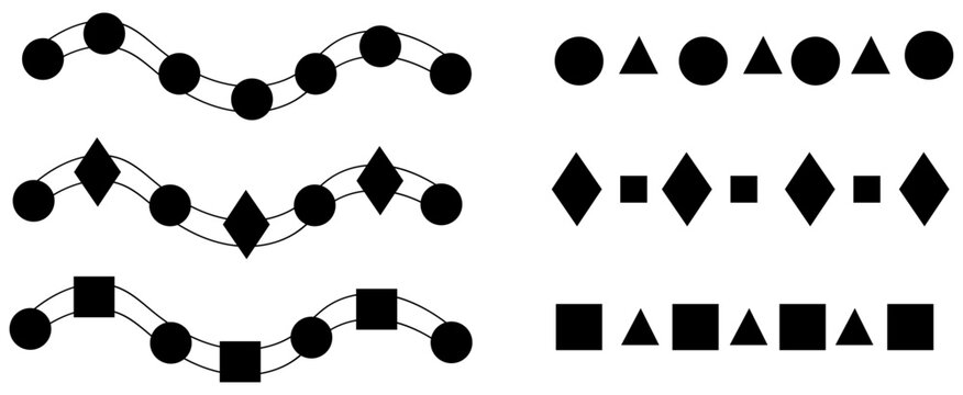 Black geometric shapes on wavy lines, circles, squares, triangles, diamonds white background transparent