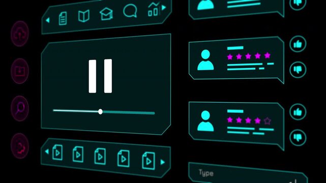 Dark interface panel displaying video pause indicator icon and online playlist channel streaming data.