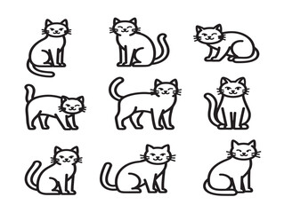 Fototapeta premium Cat icons set. Outline feline poses collection. Cute pet vector graphics.
