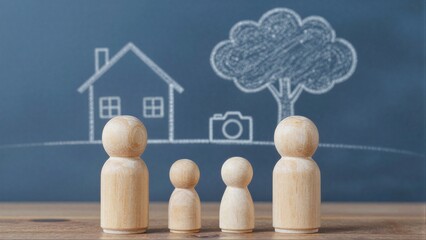 Fototapeta premium Wooden family figures stand before chalkboard drawings of home, tree, and camera.