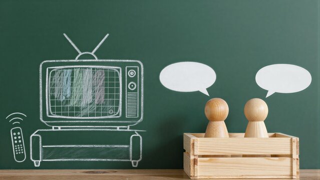 Two wooden figures watch TV with remote, surrounded by chalk drawings on green board.