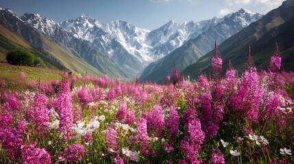 Fototapeta premium Gorgeous Wild Flowers Blooming under High Mountain and Snow Peak