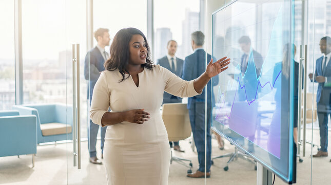 Successful African American corporate businesswoman presenting financial growth charts using transparent interactive digital display during group meeting inside modern busy glass office
