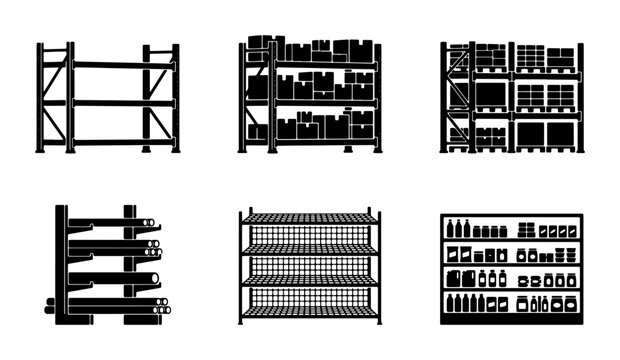 Warehouse Shelving Icons, Industrial Storage Racks, Retail Display Units, Logistics Equipment Vector Set, Commercial Storage Solutions