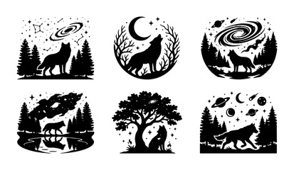 Obraz premium Wolf Silhouette Vector Icons, Night Sky & Forest Scenes, Celestial & Nature Elements, Mystical Wildlife Graphics, Set of 6