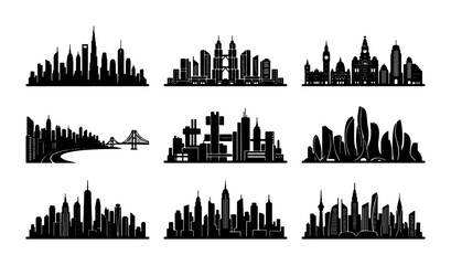 Fototapeta premium Diverse Cityscape Silhouettes Collection, Urban Skyline Vector Graphics, Modern Architecture Icons, Business District Views, Global Cityscapes