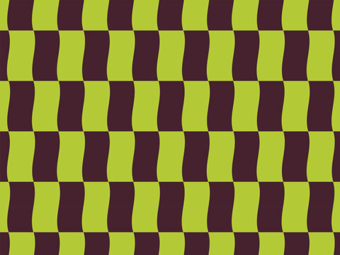 Wavy dark brown and lime green checkerboard seamless pattern with optical illusion distortion. Trippy psychedelic backdrop for festival clothing, unique tech skins, and wallpaper