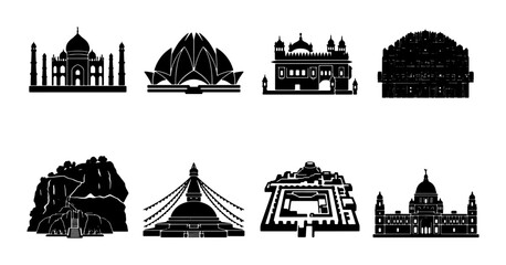 Obraz premium Iconic Indian Landmarks Silhouette Collection, Taj Mahal, Lotus Temple, Golden Temple, India Gate, Buddhist Stupa, Architectural Wonders, Travel Destination Icons, Vector Graphics
