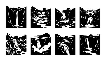 Black and White Waterfall Silhouettes, Majestic Cascades and River Scenes, Nature Landscape Vector Collection © Abdulllah