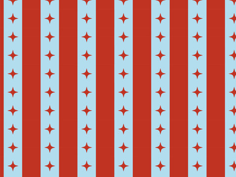 Vibrant terracotta red and light blue vertical stripe seamless pattern with starbursts. Retro geometric background for summer apparel, playful gift wrapping, and web