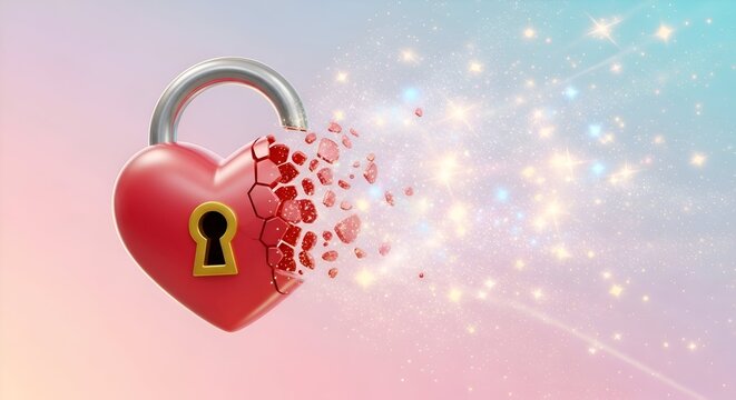 Red heart shaped padlock dissolving into sparkling particles against a soft gradient background