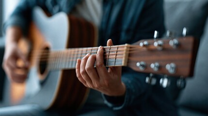 Obraz premium Close up of hands playing an acoustic guitar, focusing on fingers on the fretboard and strings.
