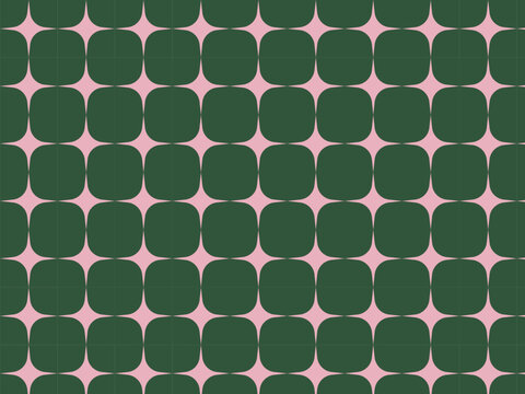 Dark green squircle grid seamless pattern with retro pink starbursts. Mid-century modern backdrop for chic apparel, unique wrapping paper, and trendy digital wallpaper