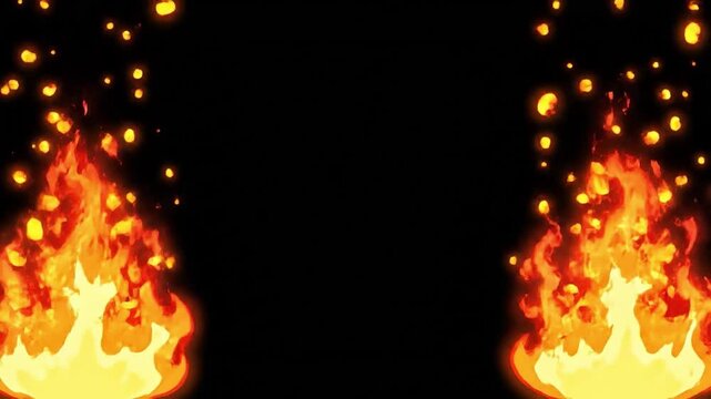 Animated cartoon flames rising on both sides of a black background with glowing sparks