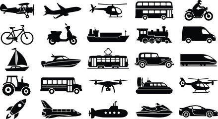 Transportation Silhouettes of Land Air and Water Vehicles Icons Collection © Its Butterfly
