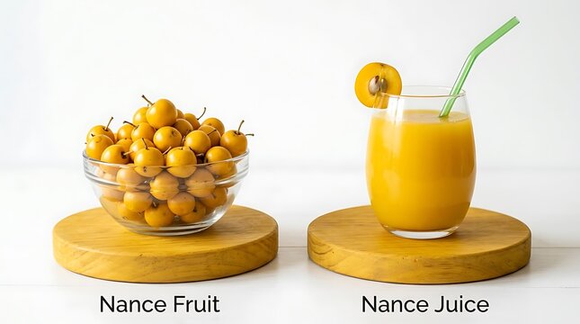 Fresh nance fruits in a glass bowl alongside a glass of vibrant nance fruit juice on wooden stands