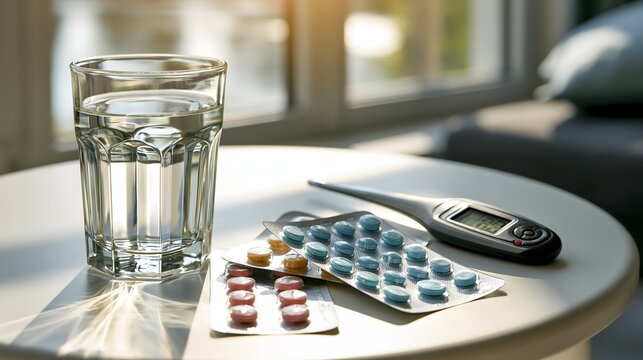 Medikamente und Trinkwasser w&auml;hrend extremer Sommerhitze auf hellem Tisch