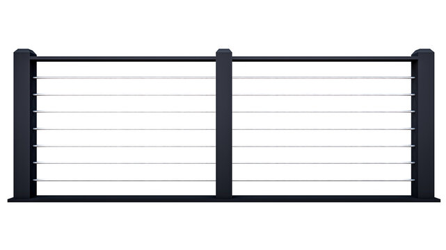 Black metal railing fence with horizontal cable infill design isolated on transparent background professional architectural safety barrier for deck design.
