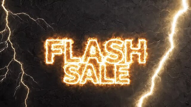 Burning flash sale text with bright lightning bolts on a dark textured cracked stone background