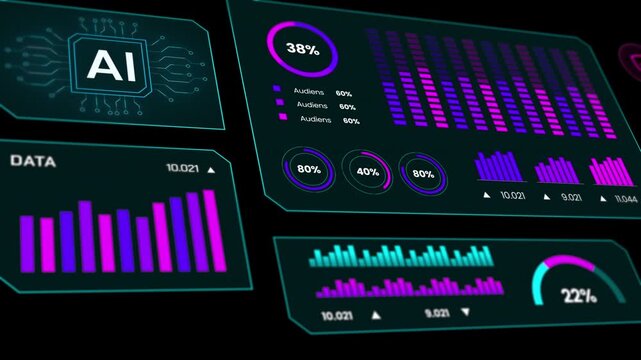 Deep angle view of purple artificial intelligence interface showcasing data panels and server loops.