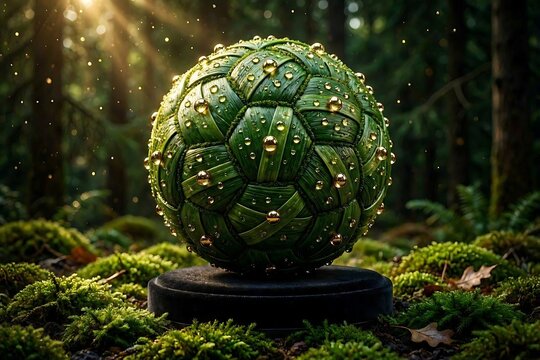 Creative eco-friendly photo of a conceptual soccer ball woven from green leaves for corporate sustainability reports and environmental sports campaigns