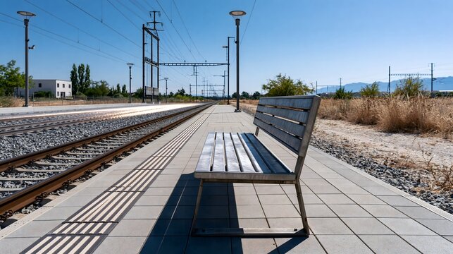Leerer Bahnhof bei extremer Sommerhitze mit Sitzbank in der prallen Sonne