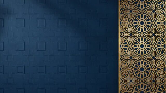 Animated blue background with light sweep and gold Islamic pattern border for luxury cultural greetings.