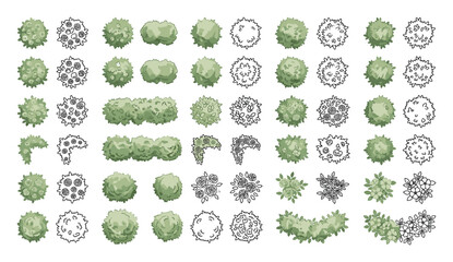 Fototapeta premium Set of top view landscape architecture plant symbols for design plan