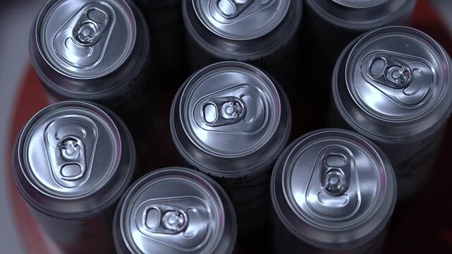 Beer cans - top view, close-up. Metal beer cans close-up.
