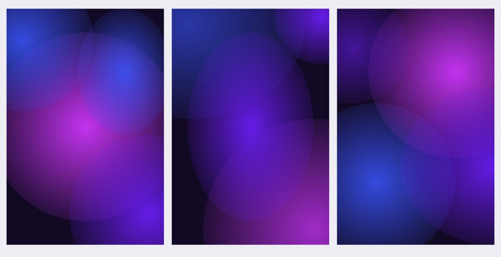 Abstract triptych background with glowing blue and purple circular gradient light effects