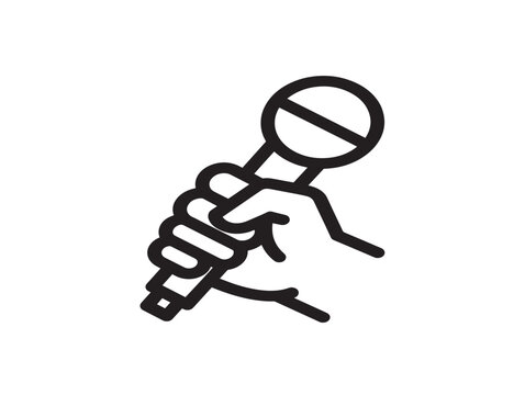 Hand holding microphone icon. Vocalist singing symbol. Audio media sign.