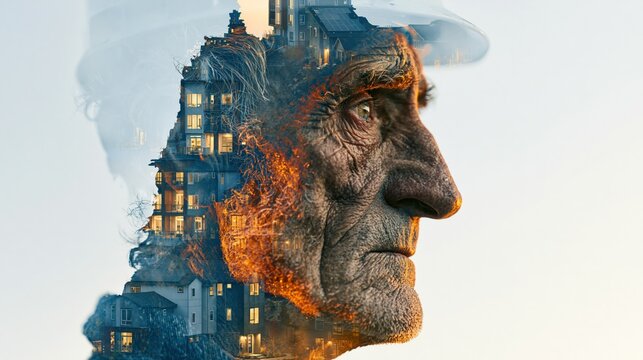 Double exposure of elderly man's profile overlaid with a warm, illuminated village at sunset, symbolizing life stories and heritage