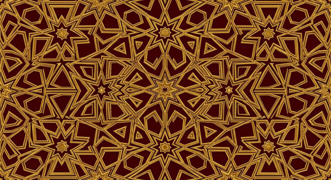 Intricate geometric pattern with star-shaped motifs, featuring overlapping polygons and symmetrical designs, rendered in rich golden hues against a deep crimson backdrop, evoking luxurious