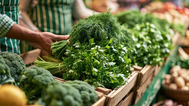 Fresh organic herbs and vegetables displayed at a vibrant farmers market stall, showcasing healthy eating and local produce.