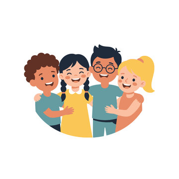 Group of diverse children hugging and smiling together.