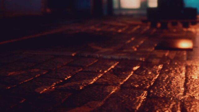 A cobblestone street in a city is wet from recent rain. The lights reflect off the surface creating patterns. There are buildings in the background that softly glow in the night.