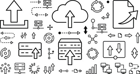 Fototapeta premium Cloud computing and data server line icon set featuring upload arrows database storage network backup and file transfer
