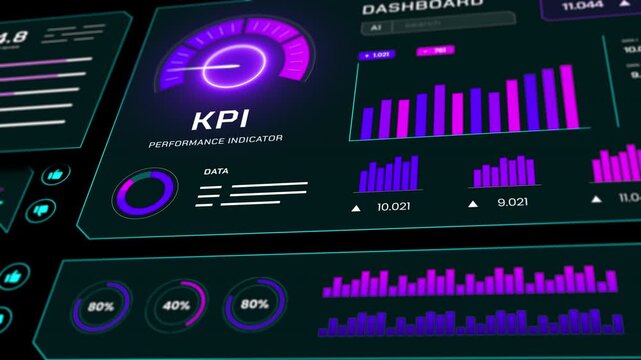 Dynamic UI elements with scrolling KPI data and glowing purple charts for software application displays.