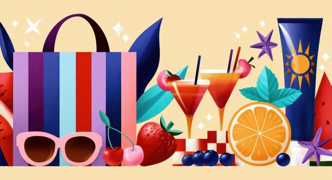 Summer cocktails and fresh fruit with sunglasses, tote bag and sunscreen in a colorful illustration