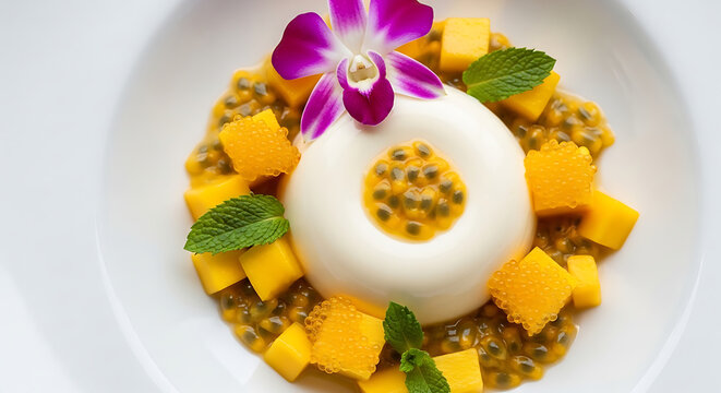 Coconut Panna Cotta Mango Passionfruit Caviar Tropical Dessert