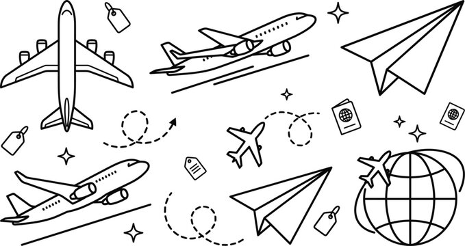 Airplane travel passport paper plane globe flight luggage tag tourism aviation journey vacation transportation thin line vector icons
