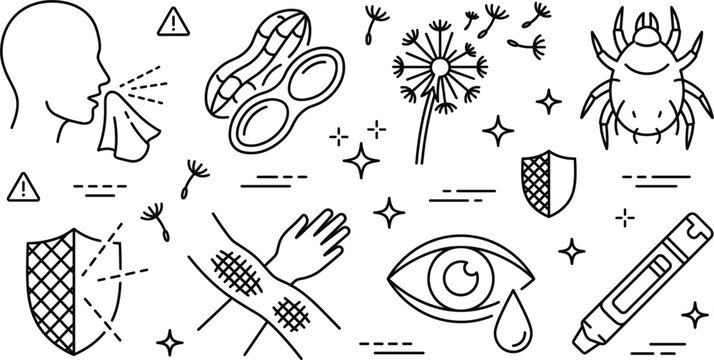 Allergy sneeze peanut dandelion mite skin rash watering eye auto injector shield protection thin line vector icons