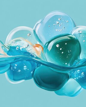 Abstract blue bubbles and liquid forms in translucent turquoise glass-like water composition