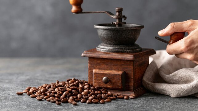 Vintage manual coffee grinder with roasted beans and a hand preparing to grind for a fresh brew