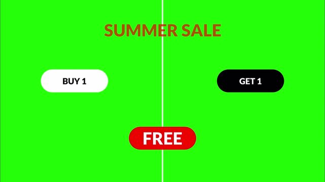 BUY 1 GET 1 FREE OFFER Animation on a green screen, discount animation for permotion, buy 1 grt 1 free animation in 4k with alpha channel.