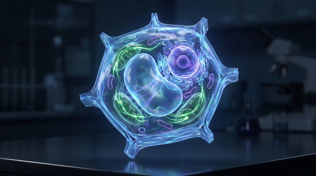 Cell biology science microscopy translucent cell membrane with organelles in laboratory setting with blurry background