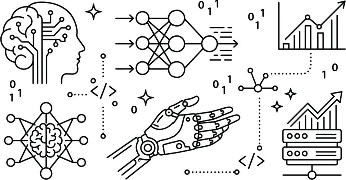 Artificial intelligence and machine learning vector icon set featuring neural network robot hand servers data chart binary code