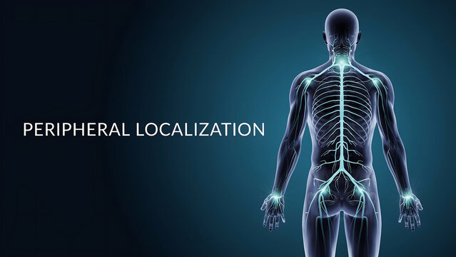 Human body with glowing nervous system and skeleton from back view showing peripheral localization of nerves and spine