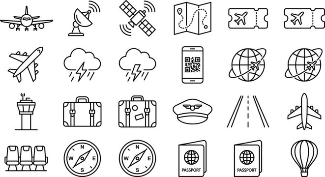 Aviation and global tourism line icon set featuring airplanes flight navigation satellite passports weather and travel logistics symbols